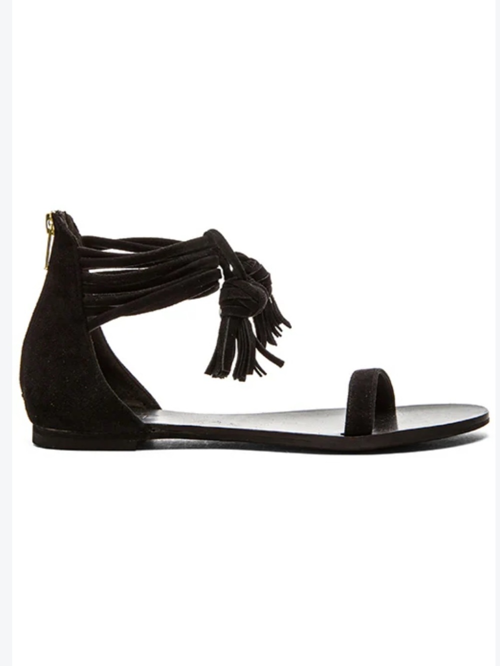 RAYE Skye Black Suede Tassel Ankle Strap Flat Sandal